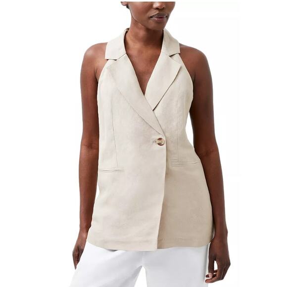 FRENCH CONNECTION TOP WOMENS 2 BIRDIE LINEN BLEND HALTER VEST BLOUSE TAN NEW - Picture 1 of 13